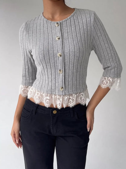 Lace Hem Ribbed Knit Button-Down Top
