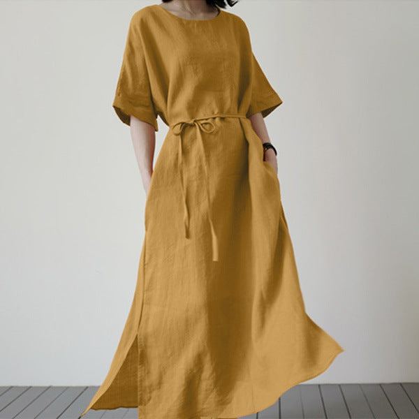 Leisure Round Neck Solid Color Cotton Dress