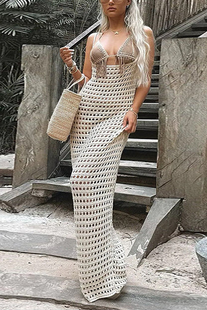 Rosiedress Hollow Out Crochet Beach Cover Up Maxi Cami Dress White