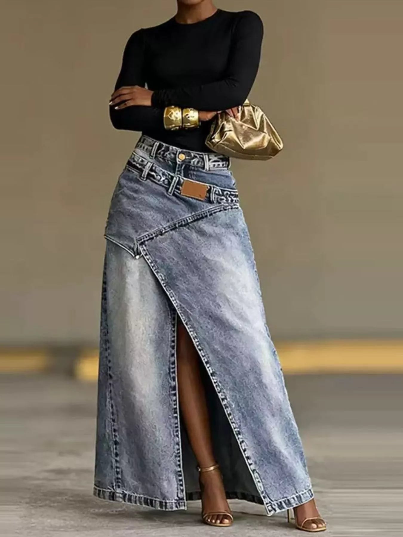High-Waisted Asymmetric Slit Denim Maxi Skirt