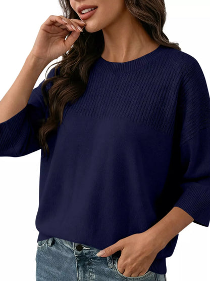 Elegant Crew Neck Eyelet Ribbed Sweater