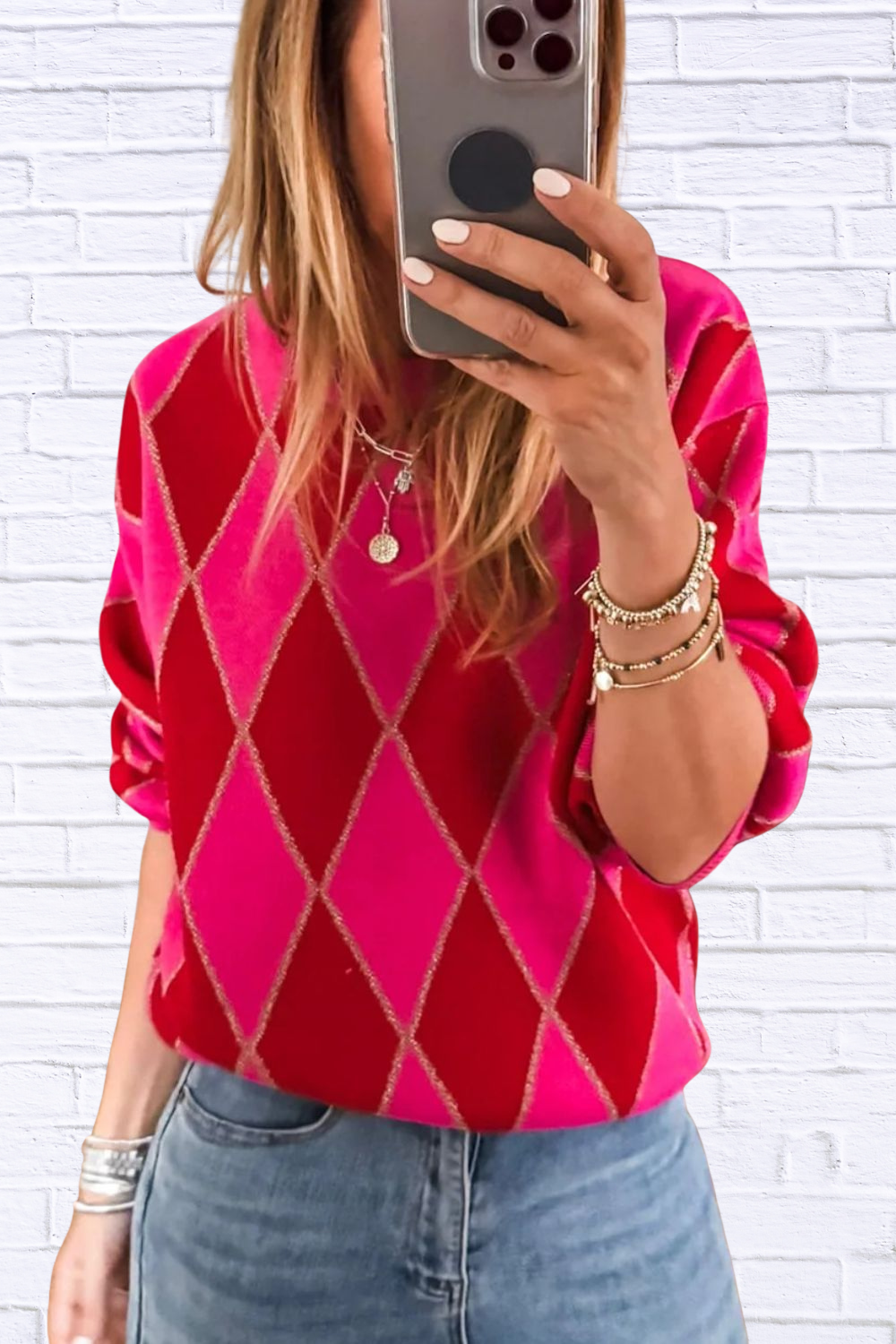 Argyle Pattern Long Sleeve Sweater