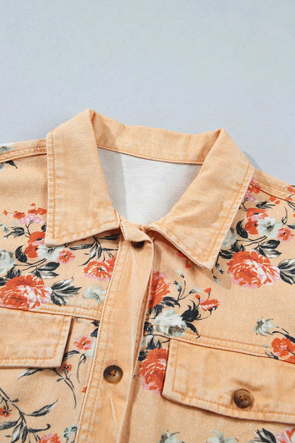 Floral Print Long Sleeve Denim Jacket