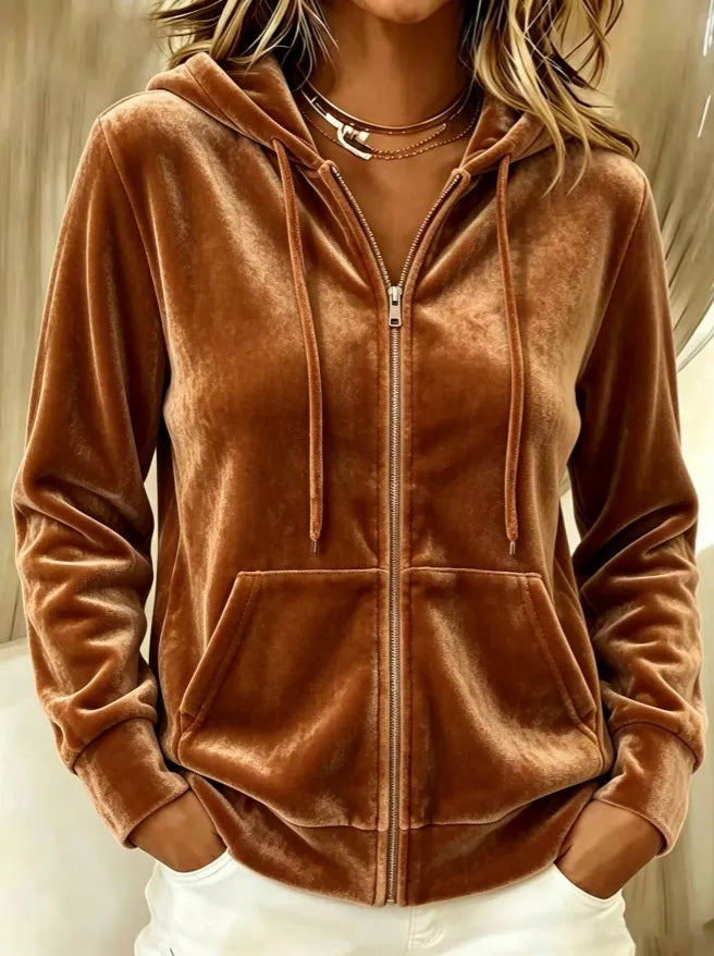 Full Size Velvet Zip-Up Hoodie with Drawstring Plus Size