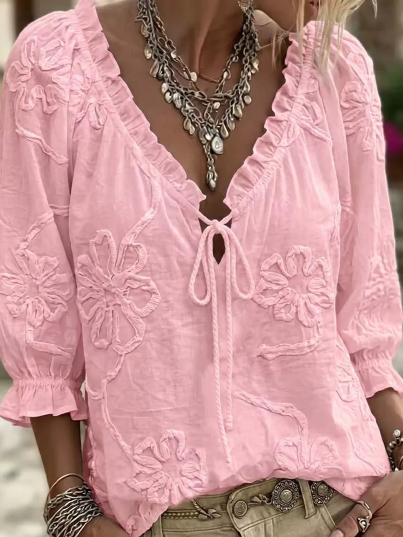 Plus Size Floral Tie Front 3/4 Sleeve Blouse