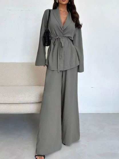 Textured Tie Waist Top and Wide-Leg Pants Set