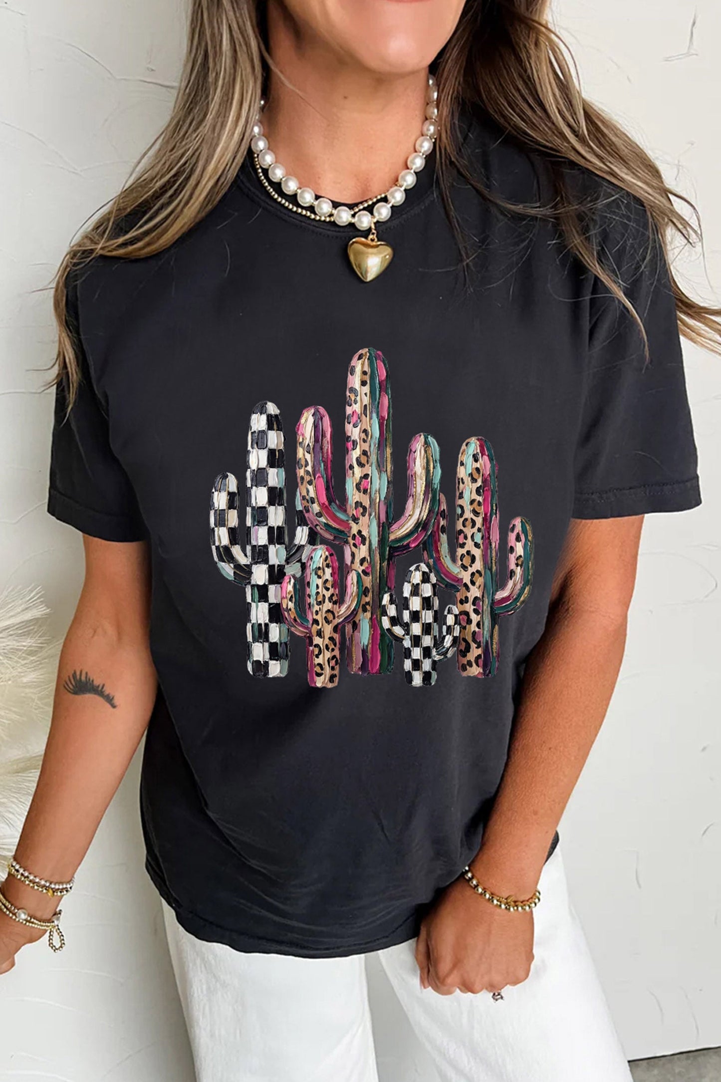Black Mixed Pattern Cactus Graphic Print Relaxed T-Shirt