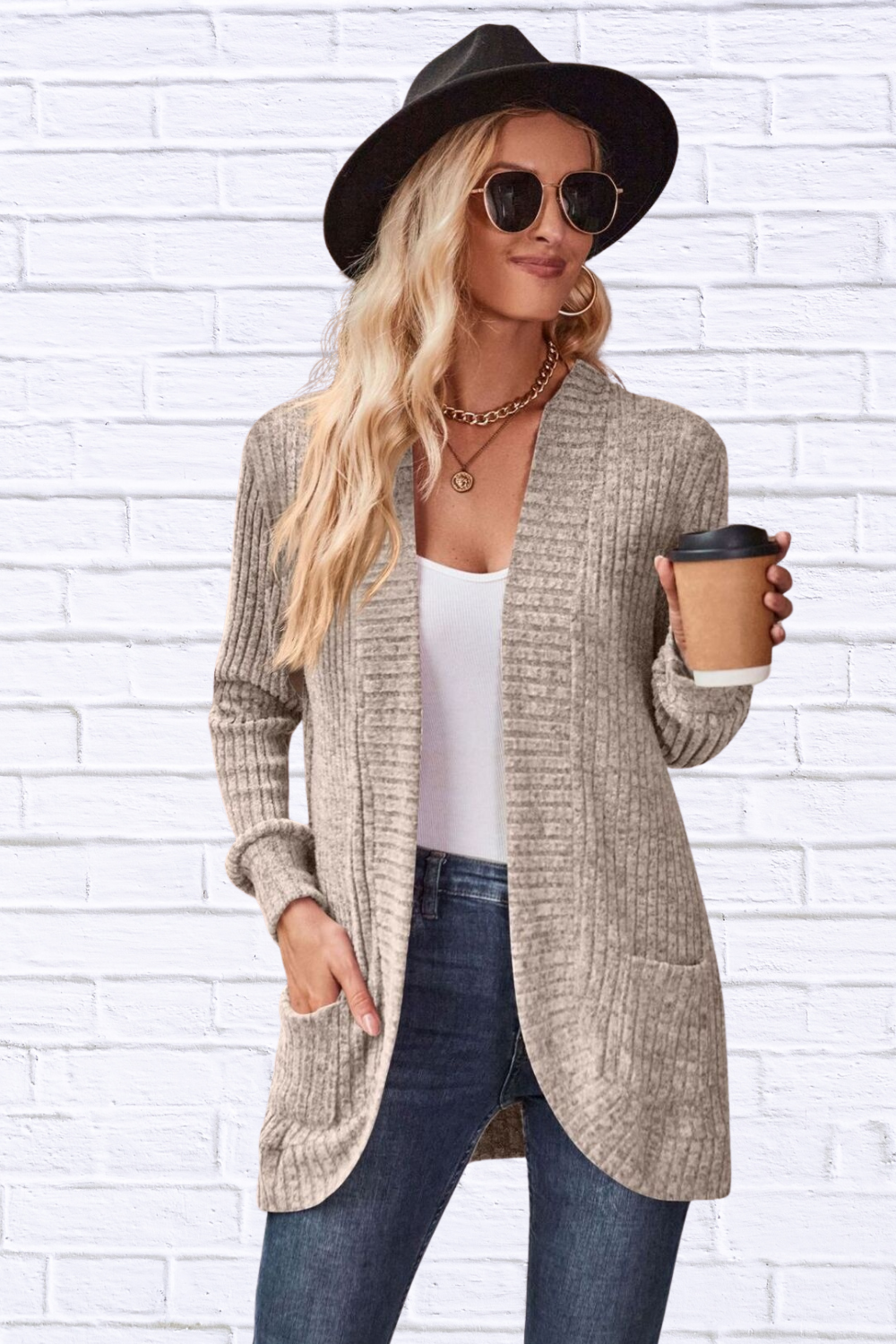 Ribbed Open Front Long Cardigan with Pockets