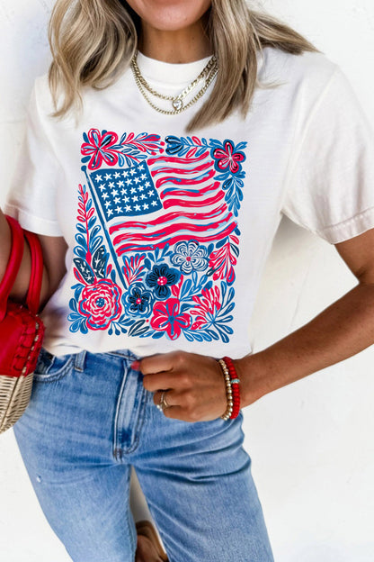 White Floral Flag Aesthetics Patriotic Graphic T Shirt