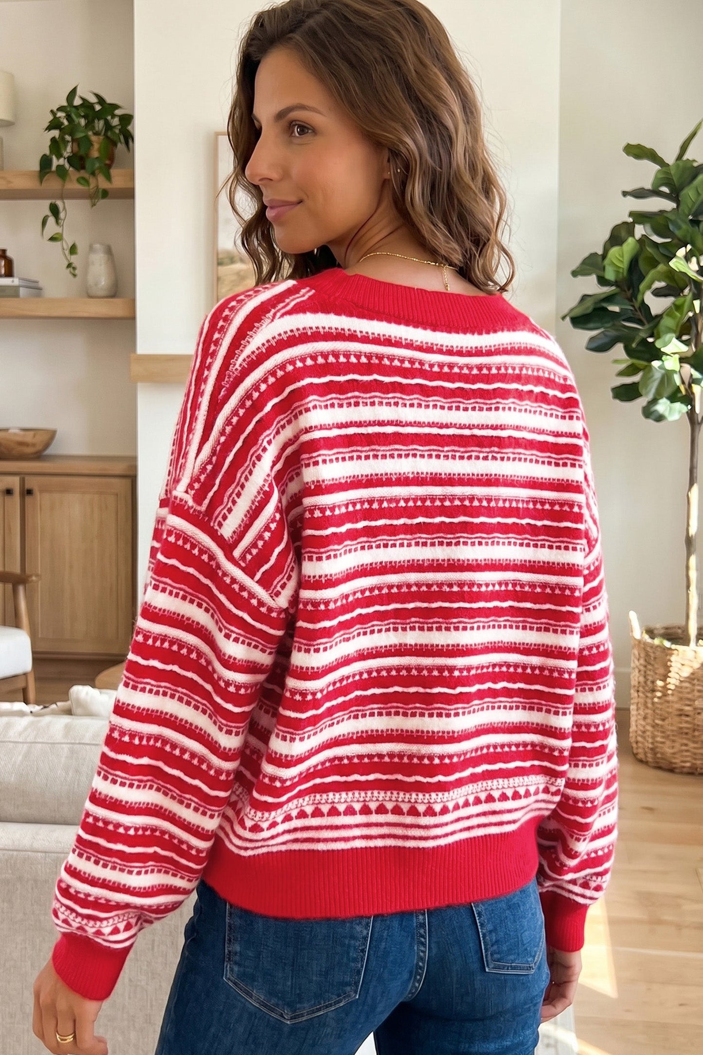 Red Geometric Striped Pattern V Neck Button Front Casual Knit Cardigan