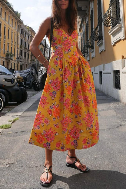 Robe mi-longue à imprimé floral et à bretelles spaghetti