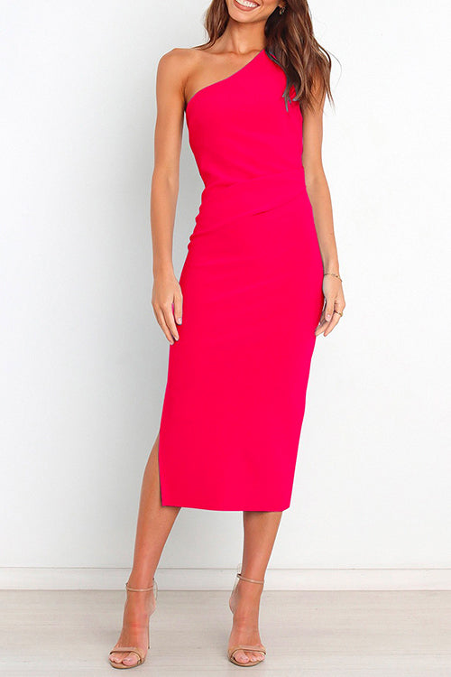 One Shoulder Ruched Side Split Midi Pencil Dress Red