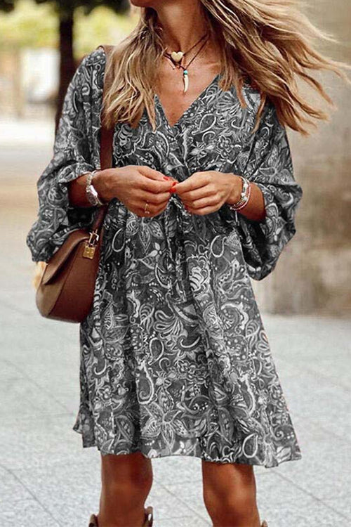 Wrap V Neck 3/4 Sleeves Tie Waist Floral Print Dress Gray