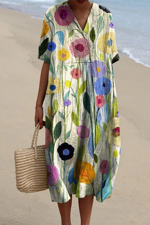 V Neck Short Sleeves Floral Print Loose Midi Vacation Dress Floral