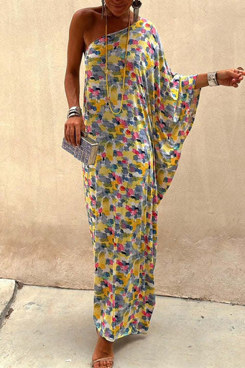 One Shoulder Batwing Sleeve Abstract Print Caftan Maxi Vacation Dress Print