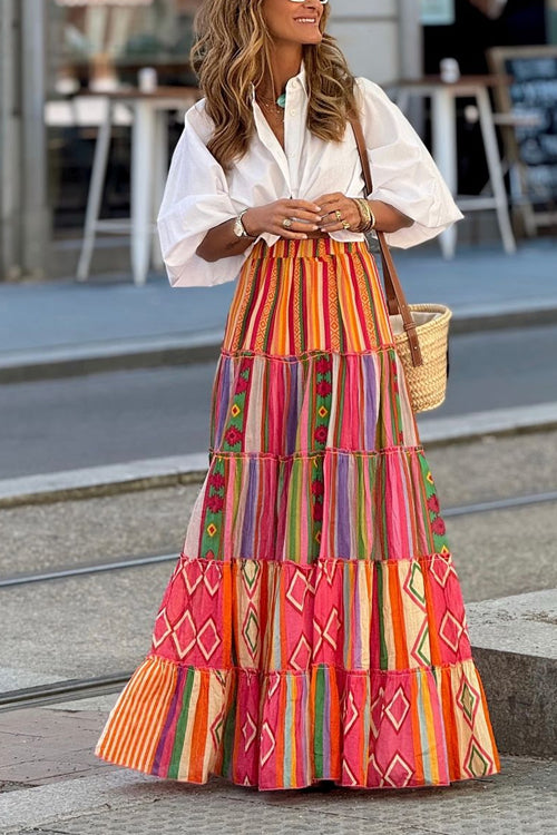 Rosiedress Elastic Waist Ruffle Tiered Color Block Printed Maxi Skirt