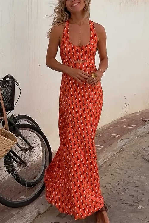 Scoop Neck Backless Geometric Print Maxi Cami Dress Orange