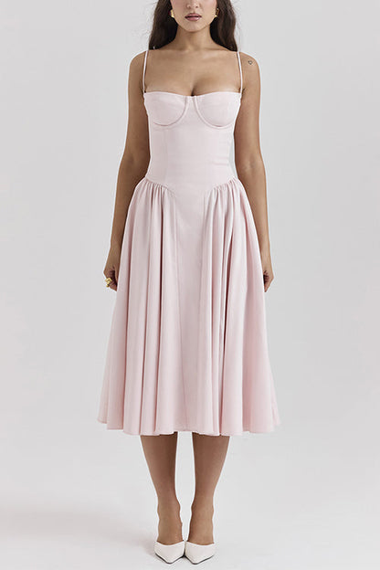 Spaghetti Strap Pocketed Corset Swing Midi Dress Pink
