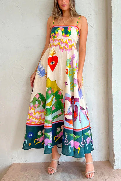 Rosiedress High Waist Cartoon Printed Swing Maxi Cami Dress Printed