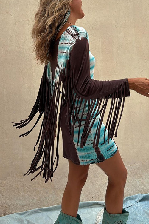 Long Sleeves Color Block Tie Dye Fringe Mini Dress