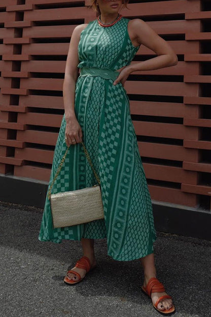 Sleeveless Cut Out Waist Geometric Print Midi Dress Green