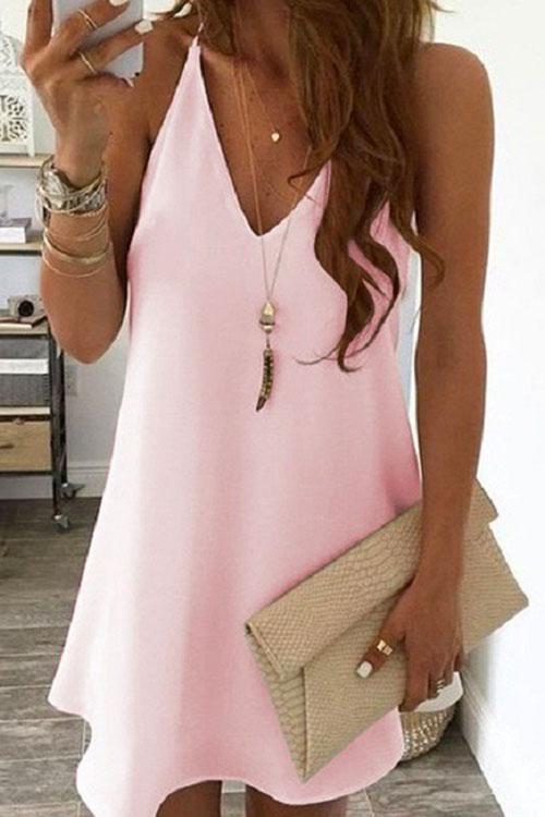 Rosiedress Solid V-neck Sleeveless Chiffon Swing Dress Pink