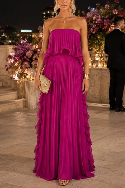 Elegant Strapless Tube Ruffle Pleated Maxi Dress
