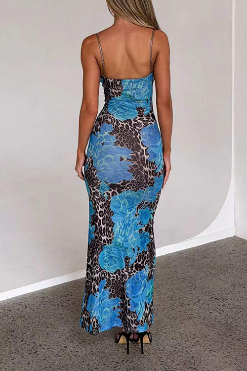 V Neck Color Block Leopard Print Maxi Cami Dress