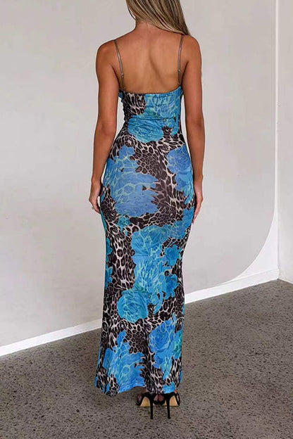 V Neck Color Block Leopard Print Maxi Cami Dress