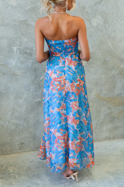 Strapless Twist Front High Waist Printed Flowy Maxi Dress