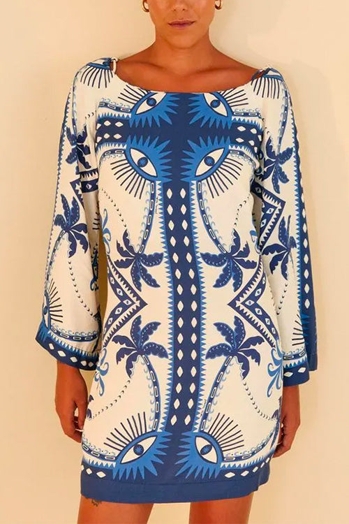 Rosiedress Long Sleeves Printed Mini Shift Dress Blue