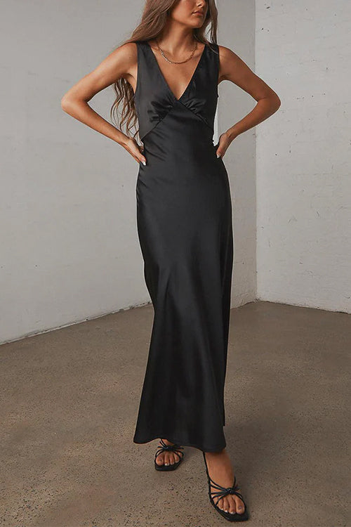 Rosiedress V Neck Sleeveless Tie Back Satin Maxi Dress