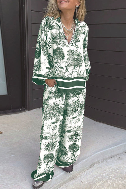 Lapel V Neck Long Sleeves Shirt Wide Leg Pants Printed Casual Set Green