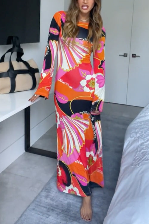 Bell Sleeves Backless Criss Cross Printed Maxi Dress