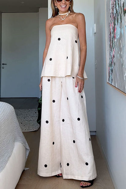 Ensemble haut bustier à pois et pantalon palazzo à jambes larges
