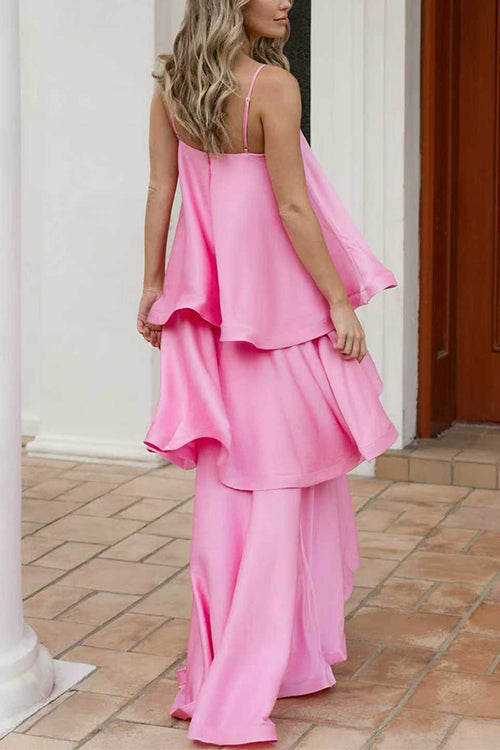 Spaghetti Strap Ruffle Layered Satin Maxi Dress