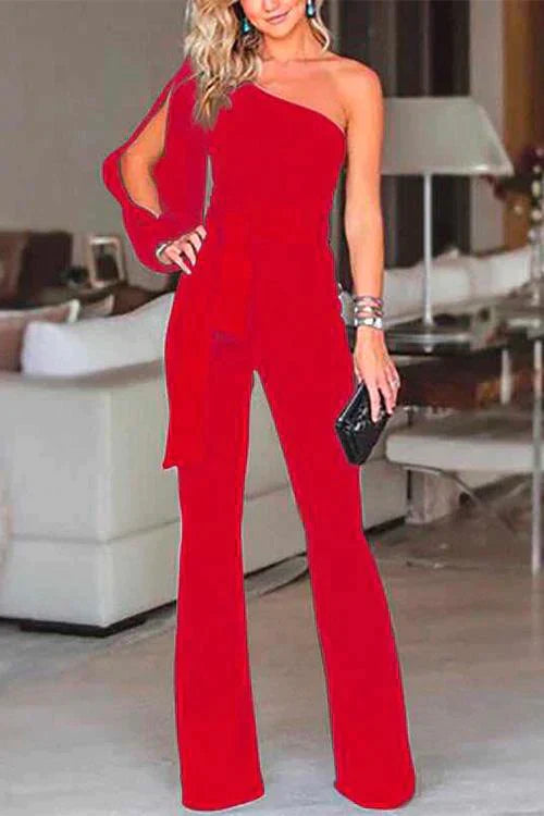 Rosiedress One Shoulder Slit Sleeve Tie Knot Jumpsuit Red