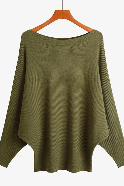 Boat Neck Batwing Sleeves Ribbed Knit Sweater ArmyGreen S M