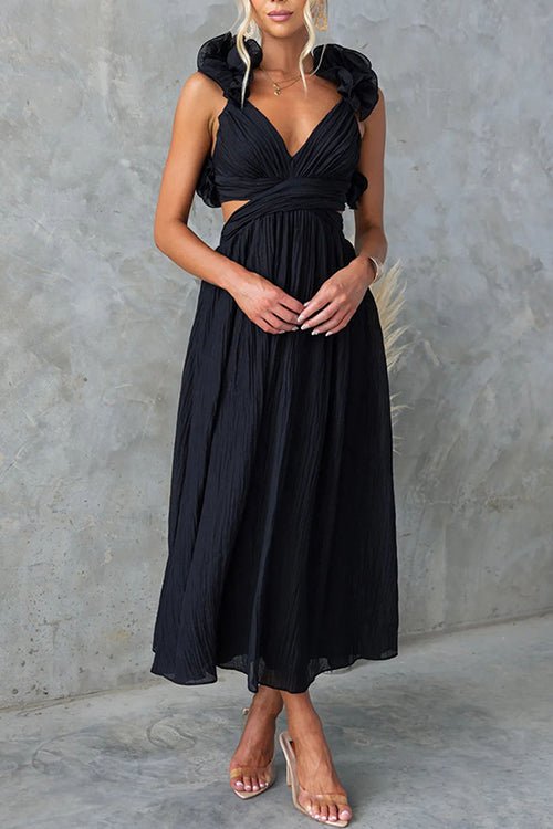 Back Lace-up Ruffle Trim Sleeveless Maxi Dress Black