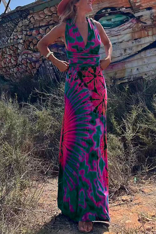 V Neck Criss Cross Backless Tie Dye Maxi A-line Dress Green