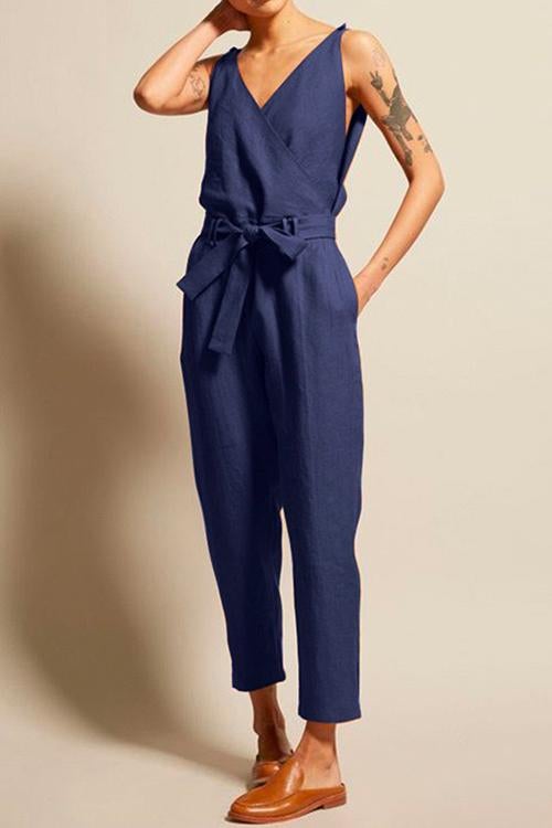 Rosiedress Josh V Neck Bow Knot Sleeveless Jumpsuit DarkBlue