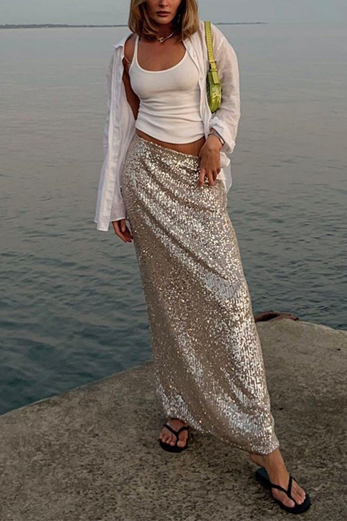 Rosiedress Elastic Waist Sequin A-line Maxi Skirt