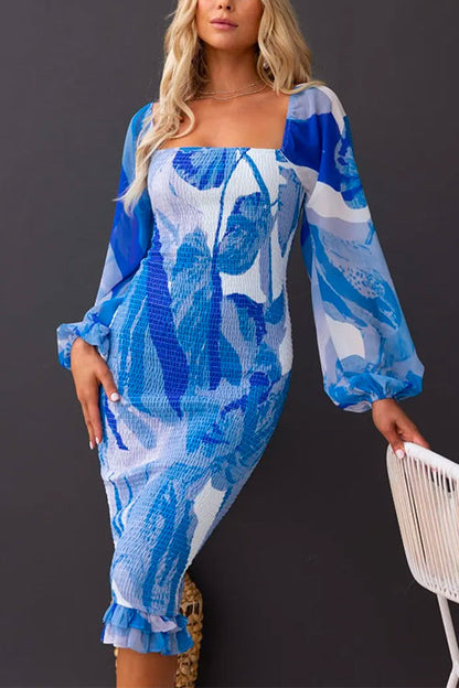 Square Collar Balloon Sleeves Smocked Printed Midi Dress