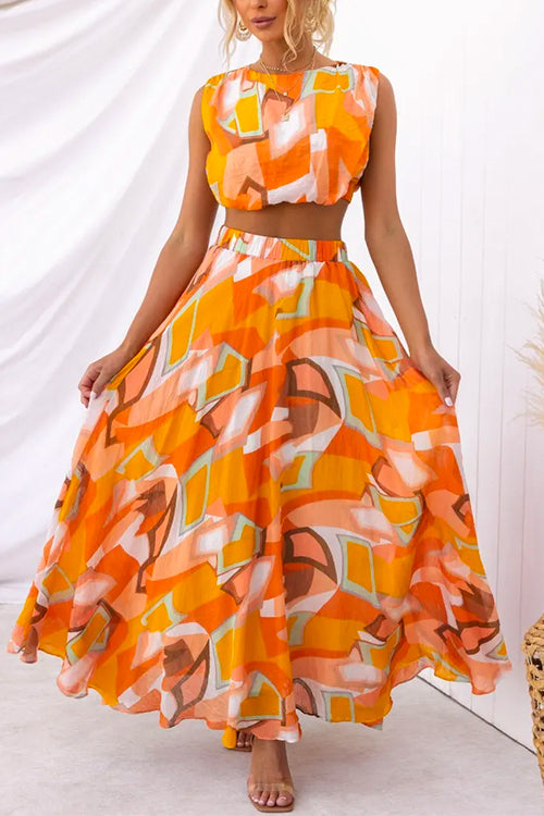 Printed Cropped Tank Top Elastic Waist Swing Maxi Skirt Set Orange