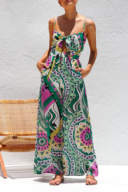 Spaghetti Strap Cut Out Wide Leg Printed Jumpsuit