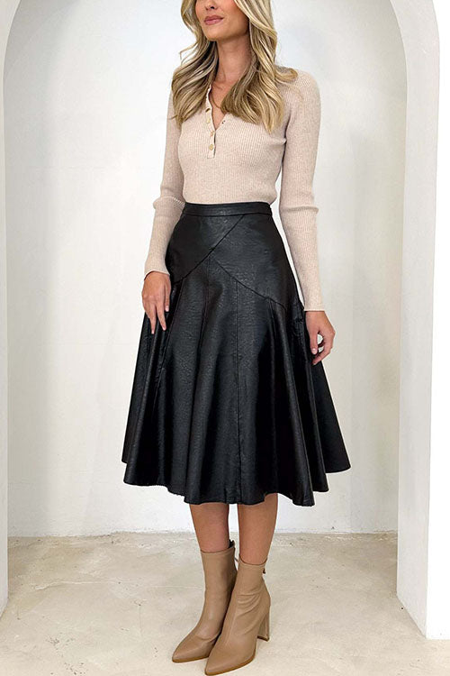 Rosiedress High Waist Faux Leather A-line Flare Midi Skirt