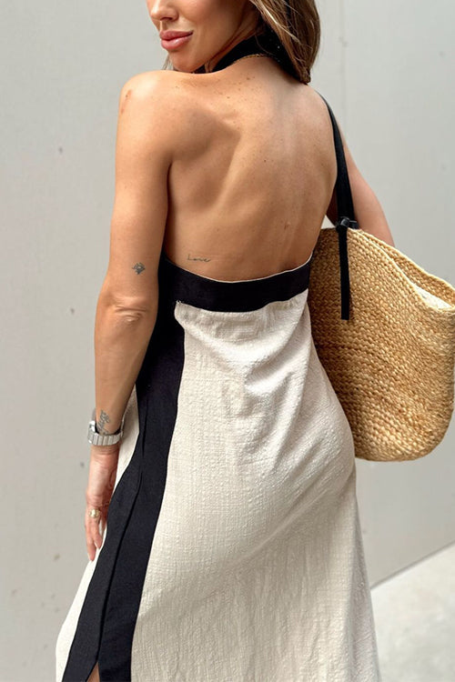 Rosiedress Halter Backless Side Split Color Block Cotton Linen Maxi Dress