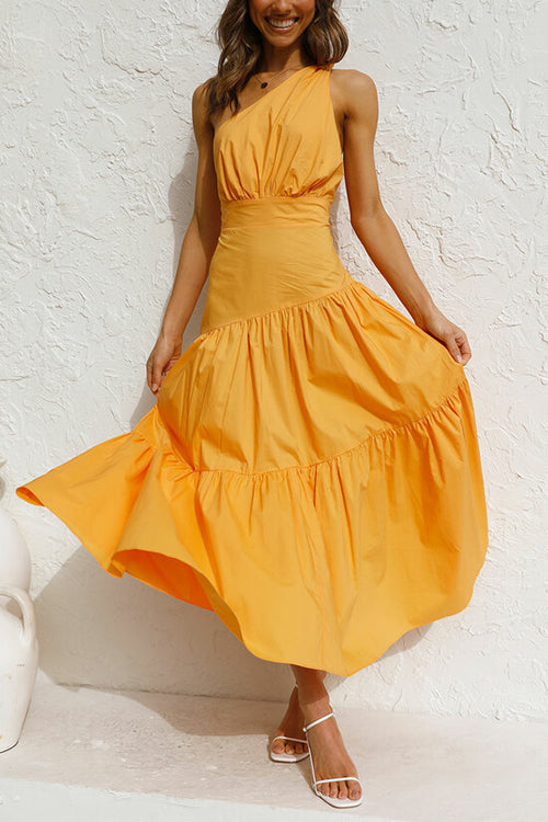 (4 Colors)Rosiedress One Shoulder High Waist Tiered Maxi Dress Yellow