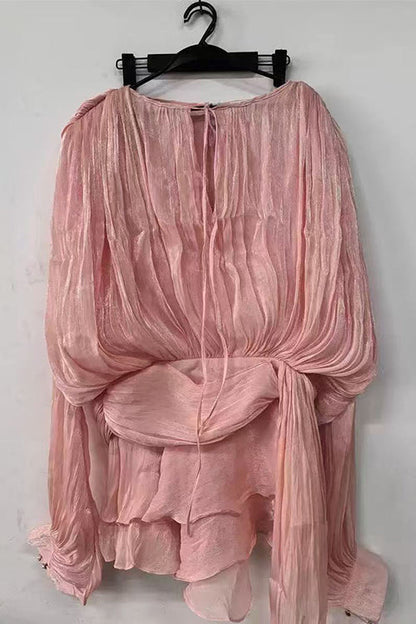Lantern Long Sleeves Draped Ruffle Layered Mini Dress with Shorts
