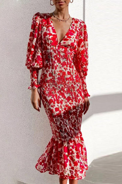 Rosiedress Deep V Neck Waisted Printed Mermaid Dress Red